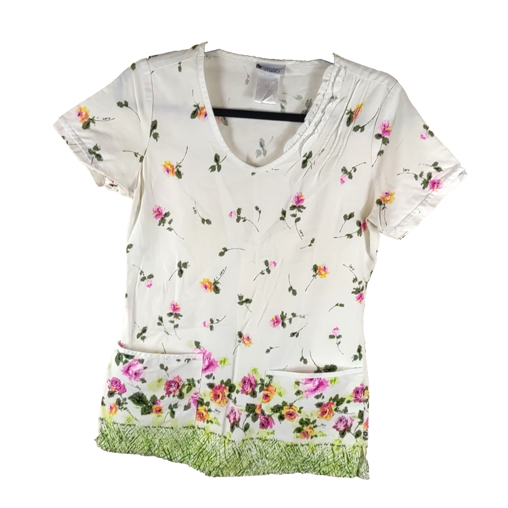 Cherokee Studio Women's Scrub Top Size X Small Cream Pink Roses Cotton Blend...